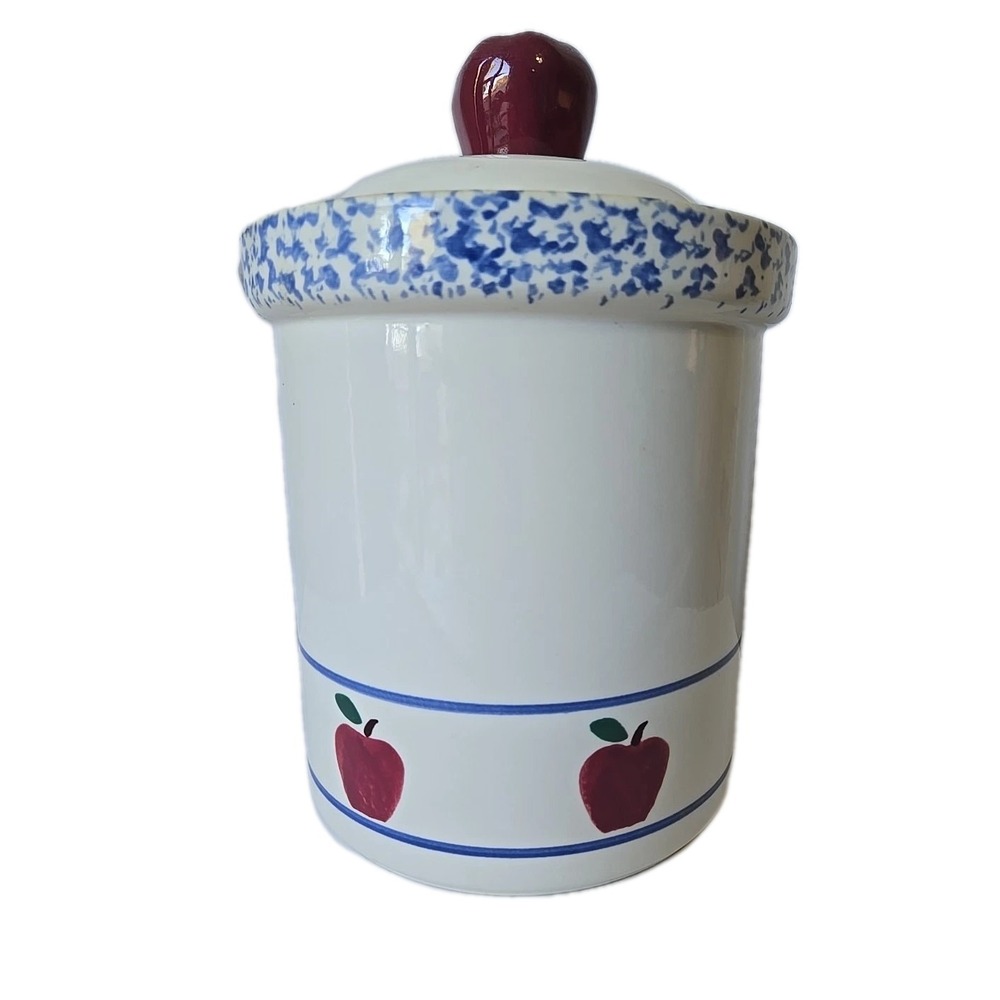 Vtg Treasure Craft Apple Cookie Jar Canister Spongeware Pottery Retro Kitchen 10